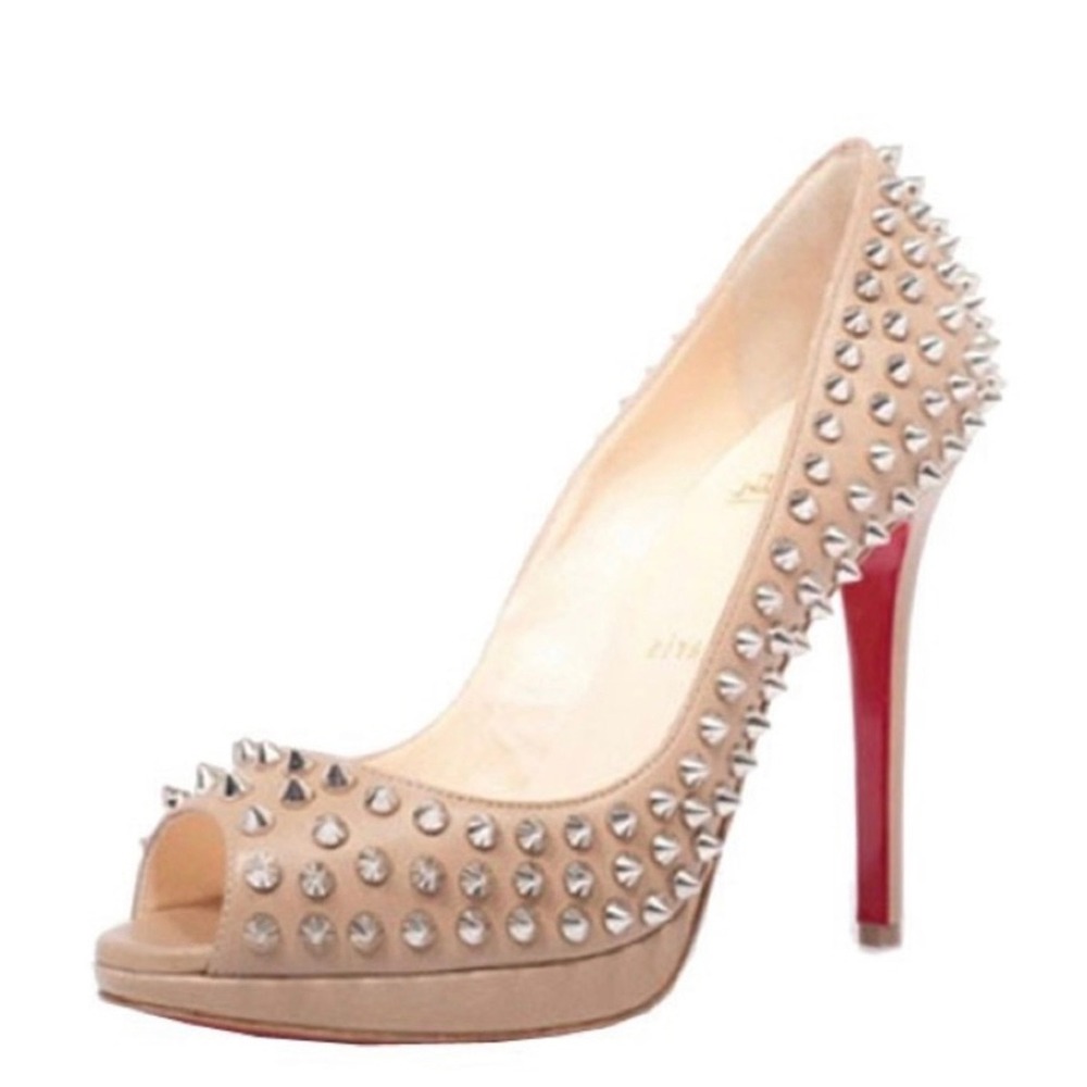 Christian Louboutin Alti Spikes 160 Nude Leather Peep Toe Platform Pumps 38